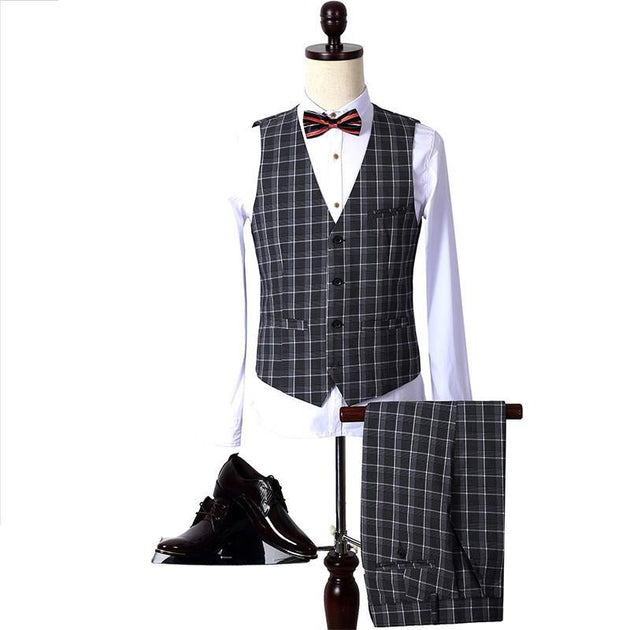 Men's Fashion Dark Grey Plaid 3 Piece Suit Up To 3XL - TrendSettingFashions 