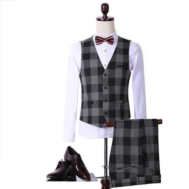 Men's Fashion Black Plaid 3 Piece Suit Up To 3XL - TrendSettingFashions 