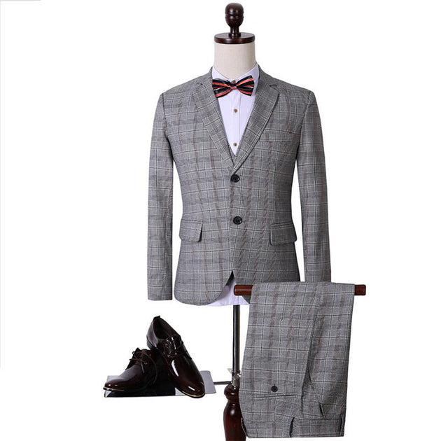 Men's Fashion Light Grey Plaid 3 Piece Suit Up To 3XL - TrendSettingFashions 