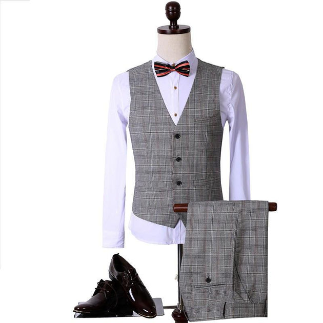 Men's Fashion Light Grey Plaid 3 Piece Suit Up To 3XL - TrendSettingFashions 