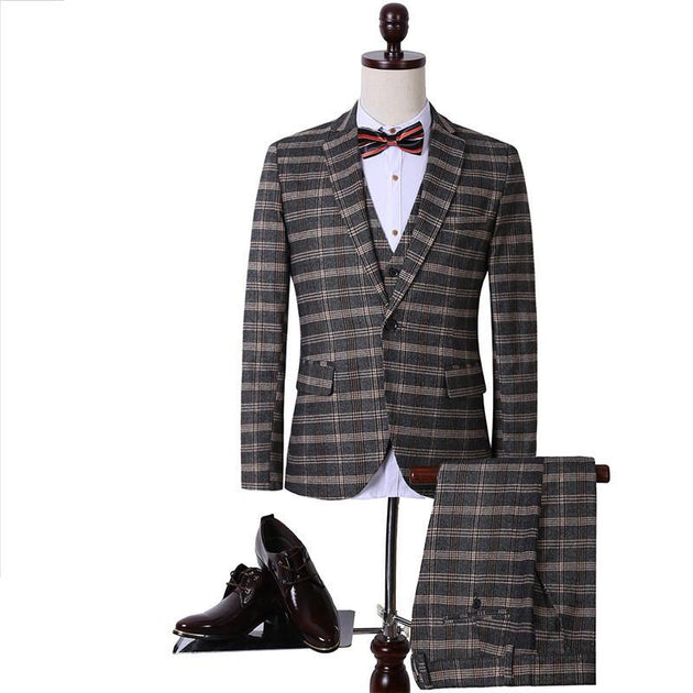 Men's 3 Peice Jacket+Pants+Vest Classic Plaid Business Suit - TrendSettingFashions 