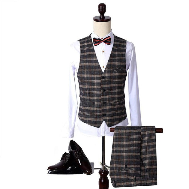 Men's 3 Peice Jacket+Pants+Vest Classic Plaid Business Suit - TrendSettingFashions 