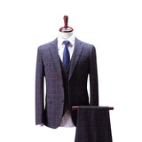 Men's 3 Peice Jacket+Pants+Vest Dark Blue Plaid Business Suit - TrendSettingFashions 