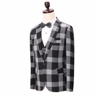 Men's 3 Peice Jacket+Pants+Vest Grey Plaid Business Suit Up To 3XL - TrendSettingFashions 