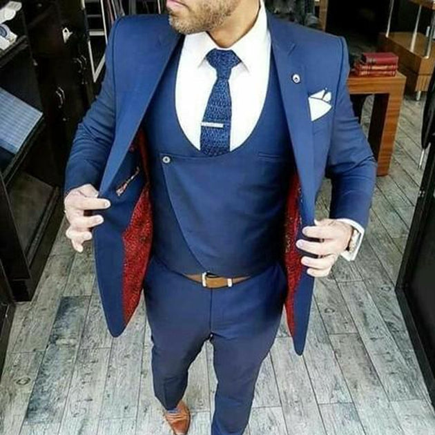 Men's Navy Blue 3 Piece Suit Up To Size 6XL (Jacket+Vest+Pants) - TrendSettingFashions 