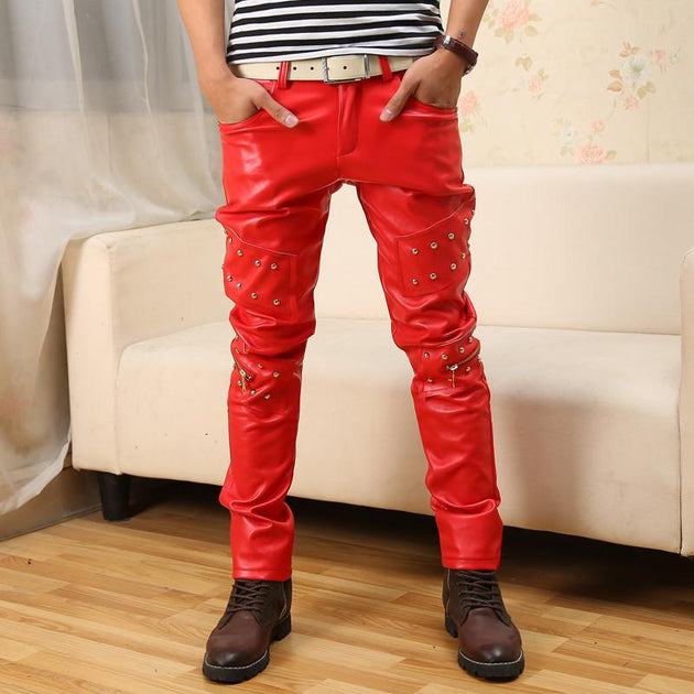 Men's Red Leather Pants - TrendSettingFashions 
