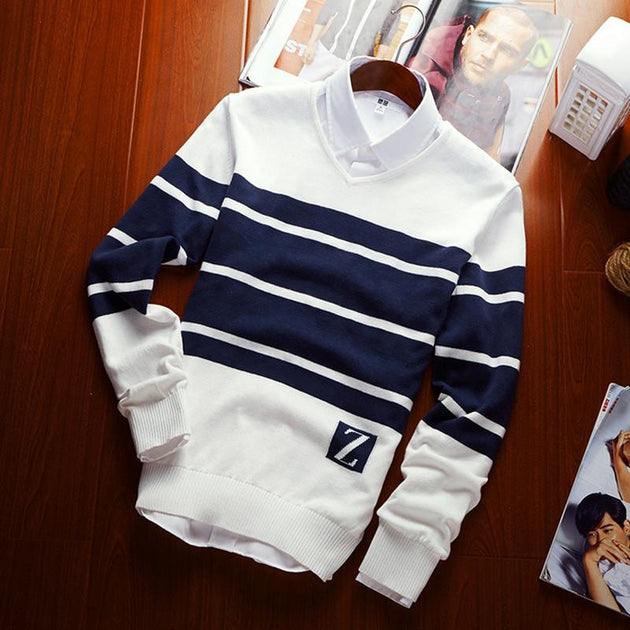 Men's V-Neck Stripe Sweater Up To 3XL - TrendSettingFashions 