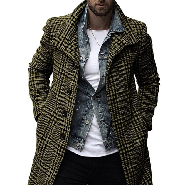 Men's Plaid Trench Coat Up To Size 3XL - TrendSettingFashions 