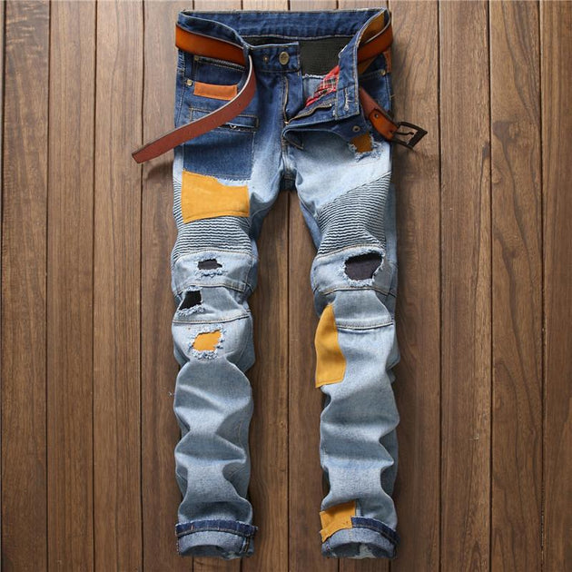 Men's Patchwork Design Denim Jeans - TrendSettingFashions 