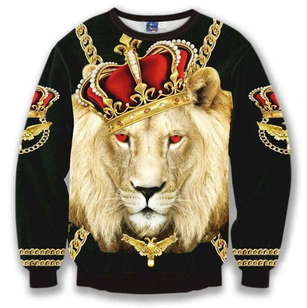 Men's Crown Lion King Chain 3d Sweatshirt - TrendSettingFashions 