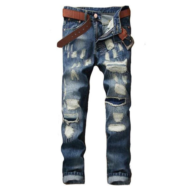 Men's Ripped Straight Distressed Denim Trousers Up To Size 38 - TrendSettingFashions 