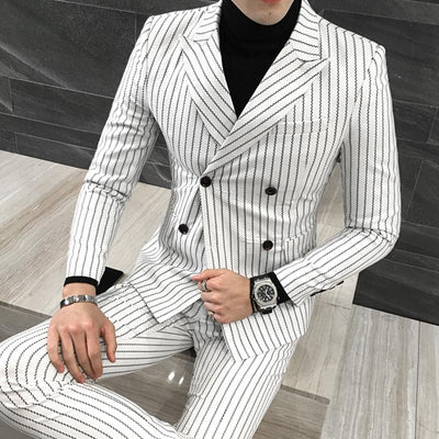 Men's Double Breasted 2 Piece Stripe Suit Up To 5XL - TrendSettingFashions 