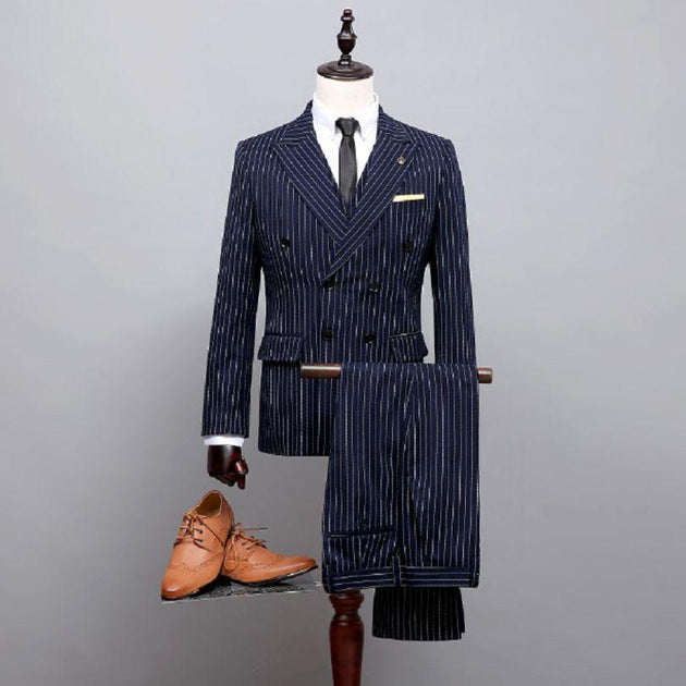 Men's Classic Design Three Piece Pinstripe Suit Up To 4XL(jacket+pants+vest+tie) - TrendSettingFashions 