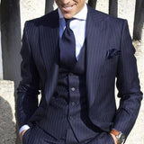Men's Blue Stripe Suit Jacket+Pants+Vest+Tie 3 Piece - TrendSettingFashions 