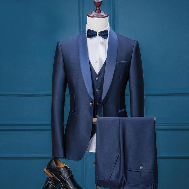 Men's 3 Piece Blue Tuxedo With Matching Lapel Up To 3XL (Jacket + Vest + Pants) - TrendSettingFashions 