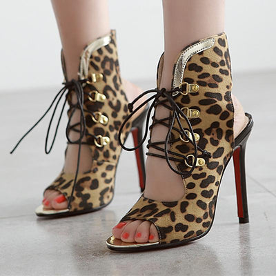 Women's Leopard Open Toe Ankle Boots - TrendSettingFashions 