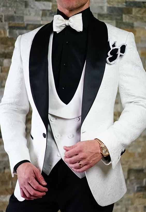 Men's 3PC White Pattern Wedding Suit Up To Size 6XL(Jacket, Pants, Vest) - TrendSettingFashions 