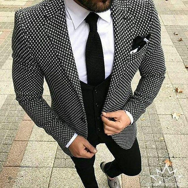 Men's Checkered Black Pattern 3 Piece Suit Up To 6XL(Jacket, Pants,Vest) - TrendSettingFashions 