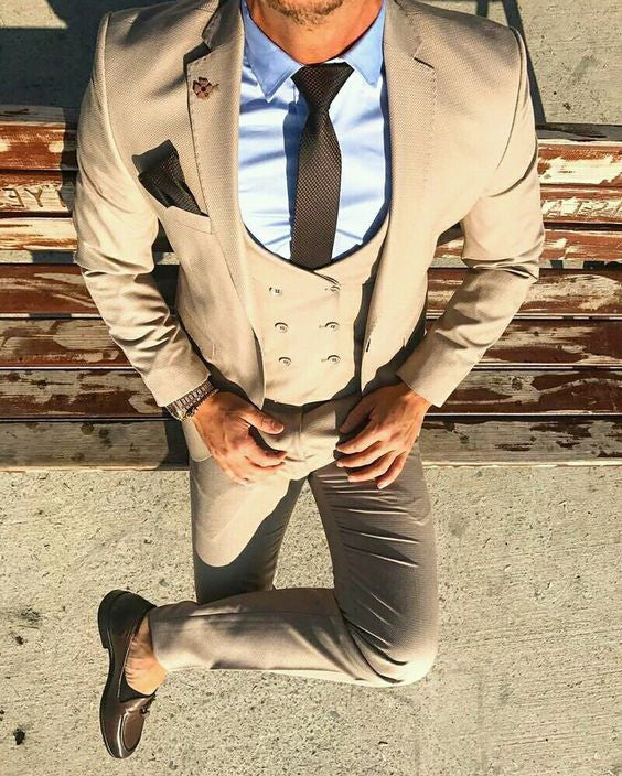 Men's Double Breasted Light Brown 3 Piece Suit Up To 6XL - TrendSettingFashions 