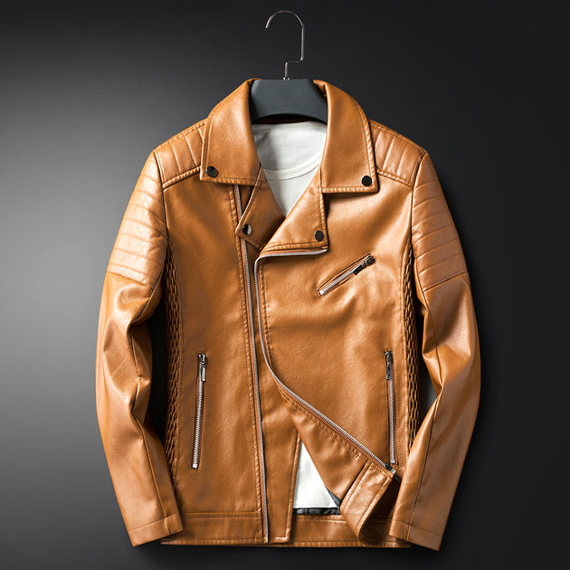 Men's Leather Turn Down Collar Jacket - TrendSettingFashions 