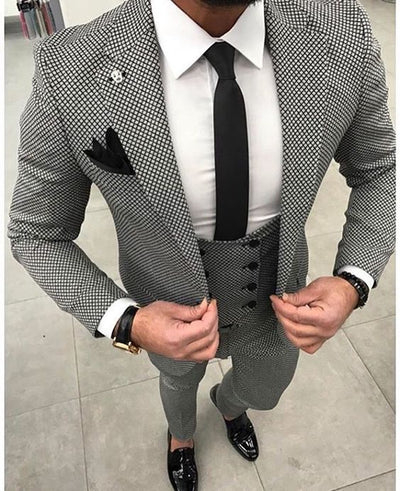 Men's 3pc Tailored Black/White Pattern Suit Up To 6XL (Pants.Vest,Blazer) - TrendSettingFashions 