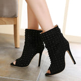 Women's Open Toe Riveted Ankle Boots - TrendSettingFashions 