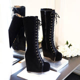 Women's Lace Up High Heel Platforms Boots - TrendSettingFashions 
