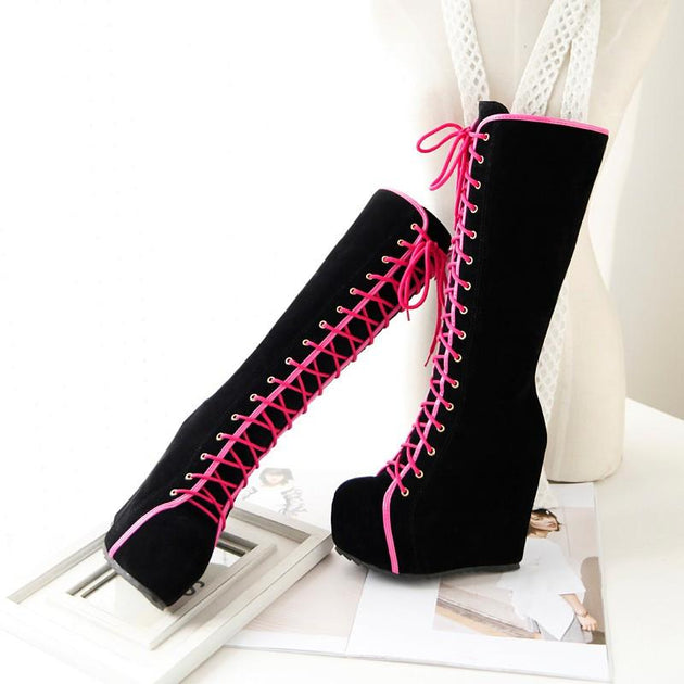 Women's Lace Up High Heel Platforms Boots - TrendSettingFashions 