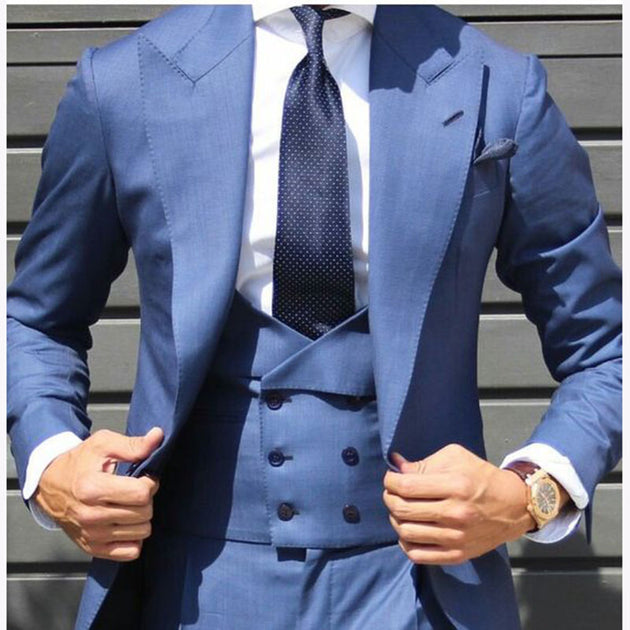 Men's Solid Blue 3 Piece Suit Up To Size 6XL - TrendSettingFashions 
