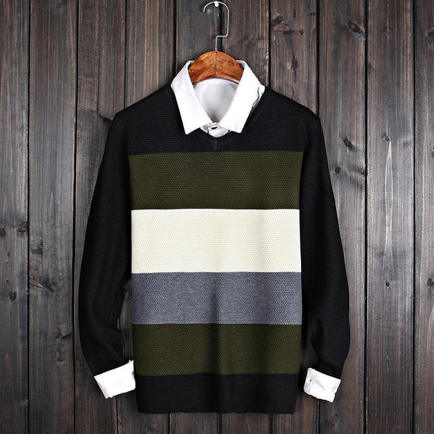 Men's Striped V-Neck Business Sweater - TrendSettingFashions 