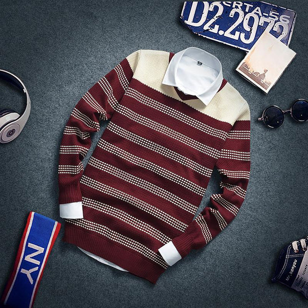 Men's Striped Pullover V-Neck Sweater - TrendSettingFashions 
