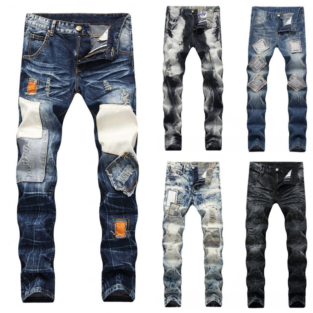 Men's Vintage Distressed Patchwork Jeans Up To Size 40 - TrendSettingFashions 
