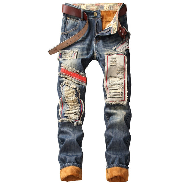 Men's Distressed Patchwork Jeans Up To Size 40 - TrendSettingFashions 