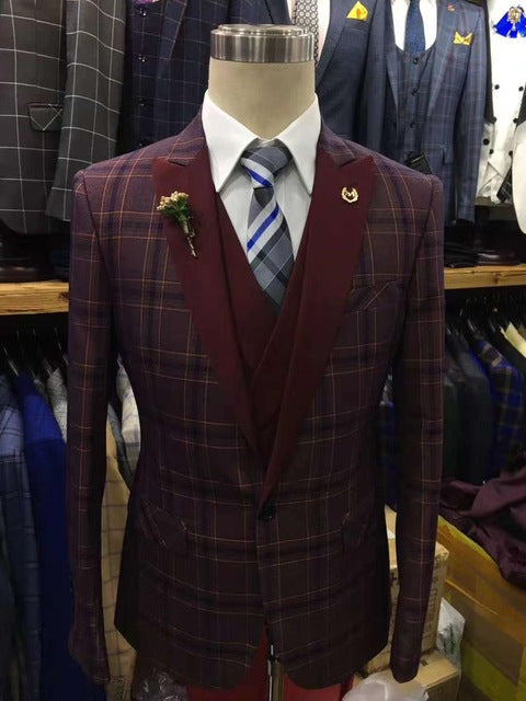 Men's 3 Piece Plaid Style Suit Up To 3XL - TrendSettingFashions 