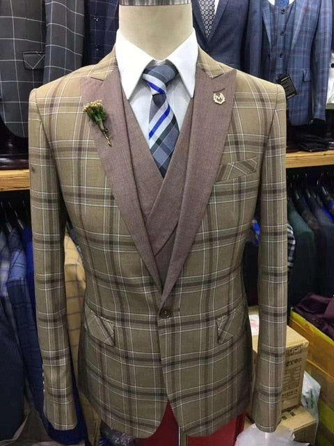 Men's 3 Piece Plaid Style Suit Up To 3XL - TrendSettingFashions 