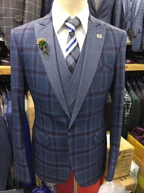 Men's 3 Piece Plaid Style Suit Up To 3XL - TrendSettingFashions 