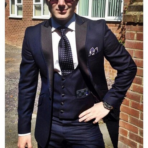 Men's Three Piece Navy Blue Suit Up To 5XL - TrendSettingFashions 
