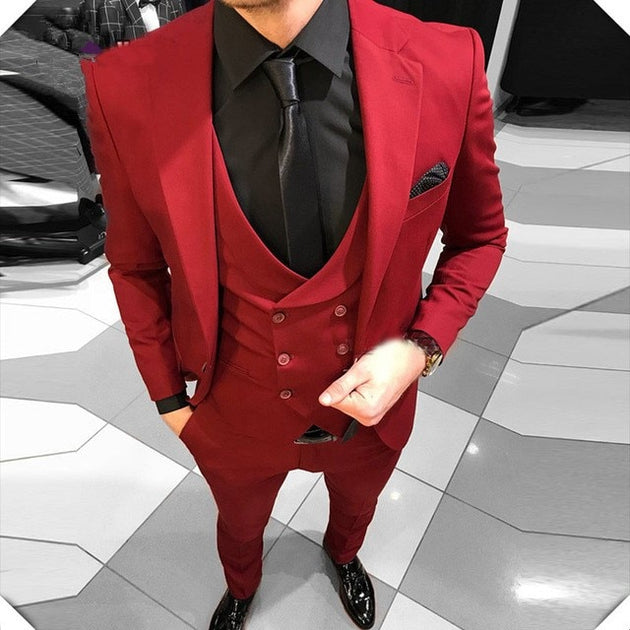 Men's Custom Red Tuxedo (Jacket + Pants + Vest) Up To 6XL - TrendSettingFashions 