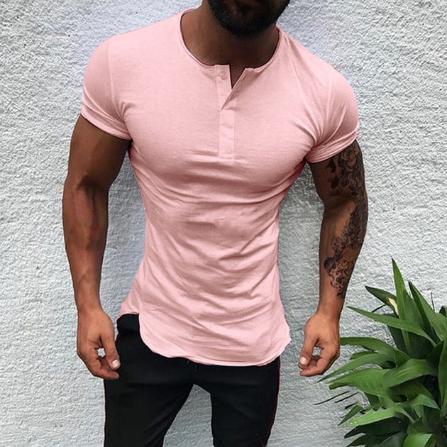 Men's Solid Short Sleeve Button Down T-Shirt - TrendSettingFashions 