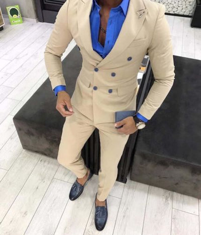 Men's Khaki 2 Piece Double Breasted Suit Up To 6XL - TrendSettingFashions 
