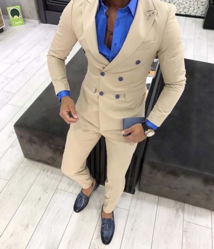 Men's Khaki 2 Piece Double Breasted Suit Up To 6XL - TrendSettingFashions 