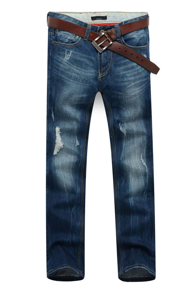 Men's Dark Blue Straight Jeans With Small Rips - TrendSettingFashions 