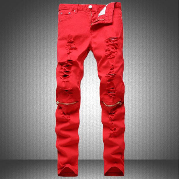 Men's Red, Orange Or Blue Denim Ripped Fashion Jeans - TrendSettingFashions