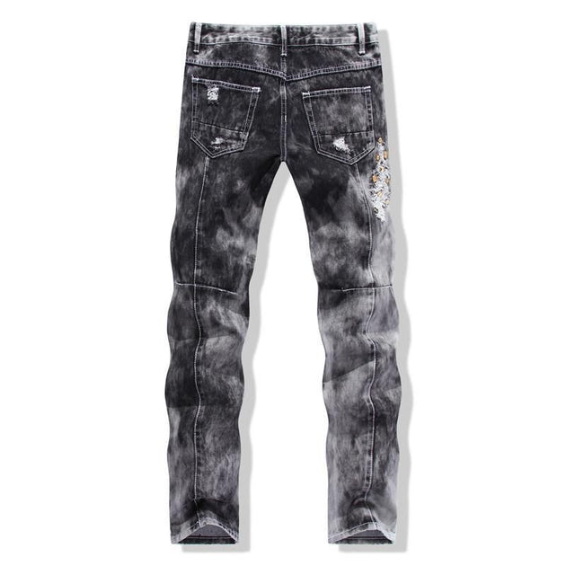 Men's Ripped Jeans With Sequined Skulls - TrendSettingFashions 