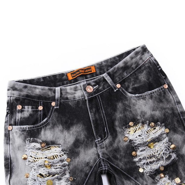 Men's Ripped Jeans With Sequined Skulls - TrendSettingFashions 
