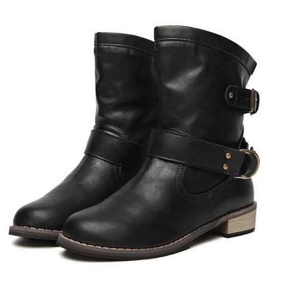 Women Vintage Leather Buckle Boots In Black or Brown - TrendSettingFashions 