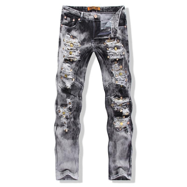 Men's Ripped Jeans With Sequined Skulls - TrendSettingFashions 