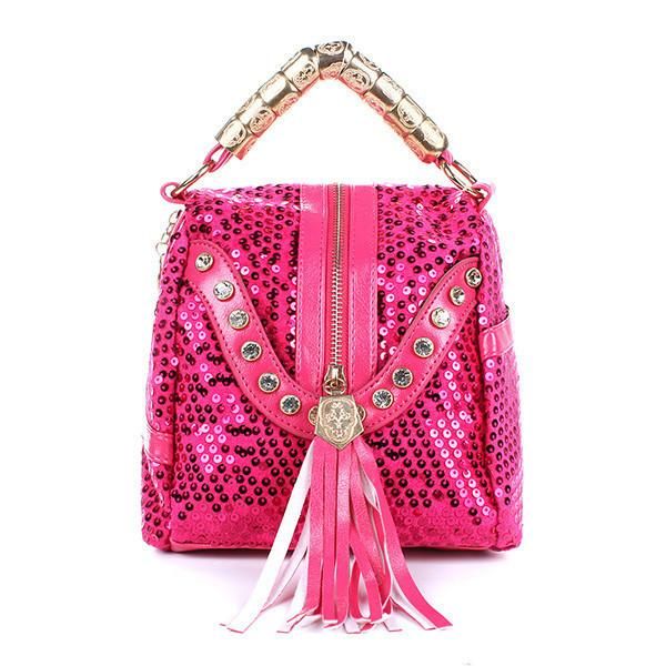 Women's Rhinestone Sequined Tassel Zip Messenger Handbag 3 Color Options - TrendSettingFashions 