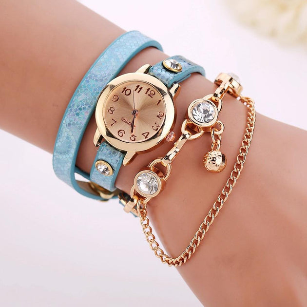 Women's Leather Strap Glass Jewel Watch In 8 Colors - TrendSettingFashions 