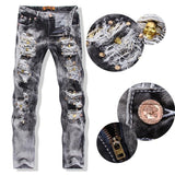 Men's Ripped Jeans With Sequined Skulls - TrendSettingFashions 